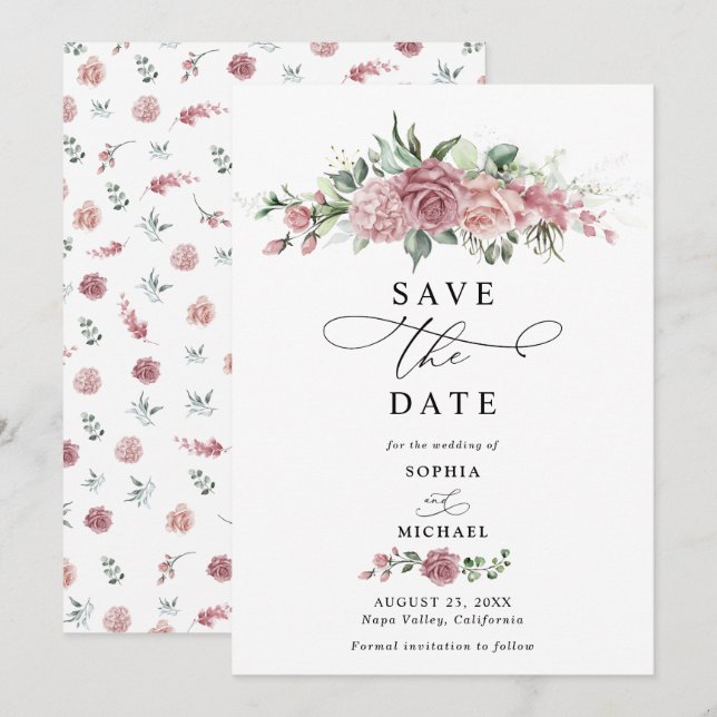Convite de Noivado Floral Rosa Empoeirado para Sal (Frente/Verso)