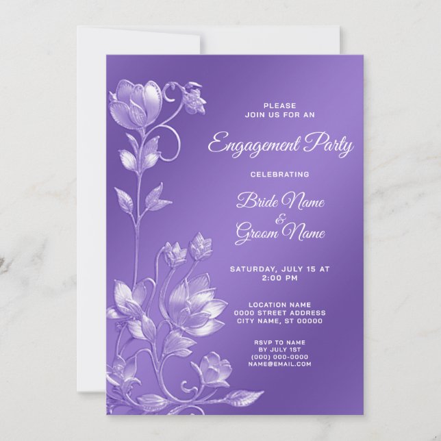 Convite de Noivado Floral Roxo Elegante (Frente)