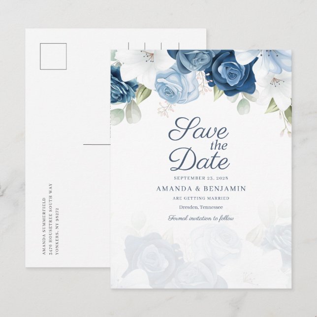 Convite de Noivado Floral Script Azul Poeira (Frente/Verso)