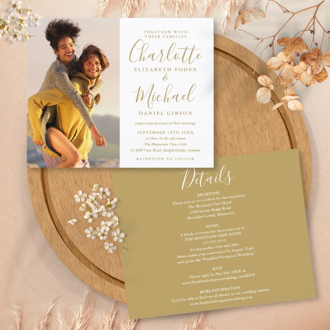 Convite de Noivado Gold All In One Foto Orçamento (Budget All In One Photo Gold Wedding Invitation)