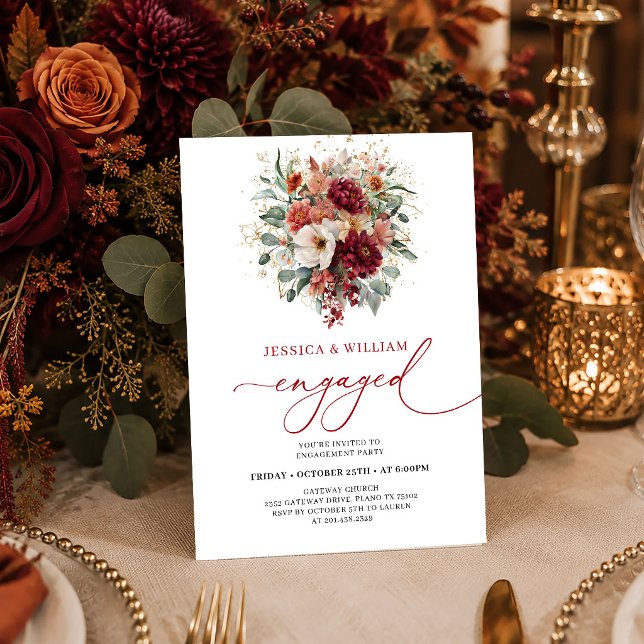 Convite de noivado Luxo Borgonha Dourado Eucalipto (Luxe Burgundy Gold Eucalyptus Fall engagement invitation card

)