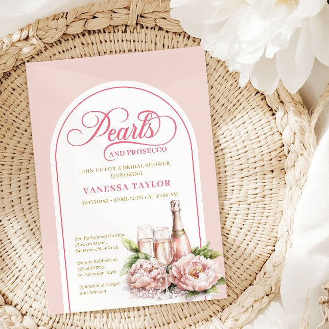 Convite de Noivado Pérolas e Prosecco Chic (Chic Pearls and Prosecco Bridal Invitation Invite)