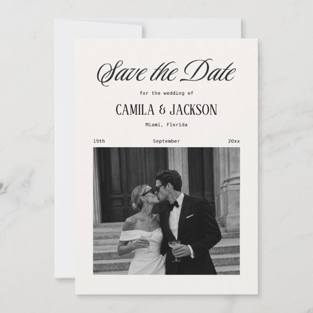 Convite de Noivado Preto e Marfim Save the Date (Frente)