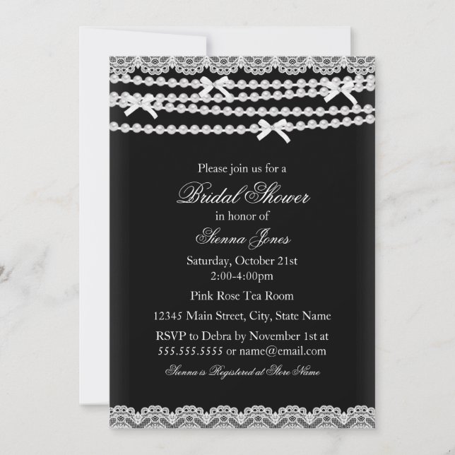 Convite de Noivado Pretty Lace & Pearl Preto (Frente)