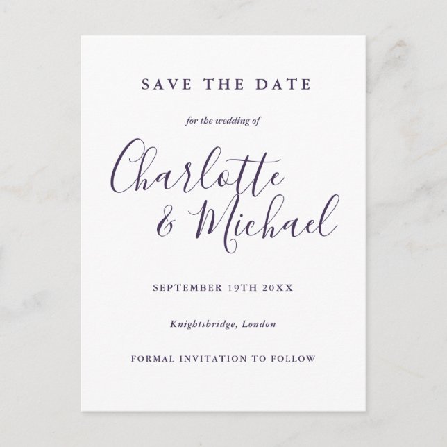 Convite de Noivado Purple Script Save the Date (Frente)