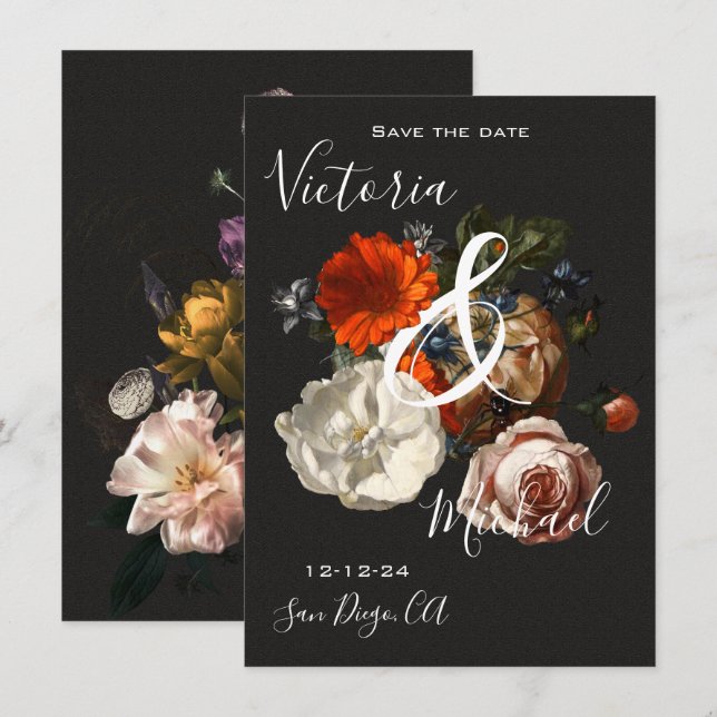 Convite de Noivado Rembrandt Floral Save the Date (Frente/Verso)