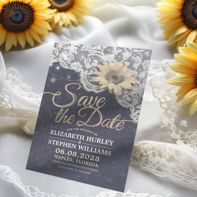 Convite de Noivado Save The Date com Renda, Girass (Criador carregado)