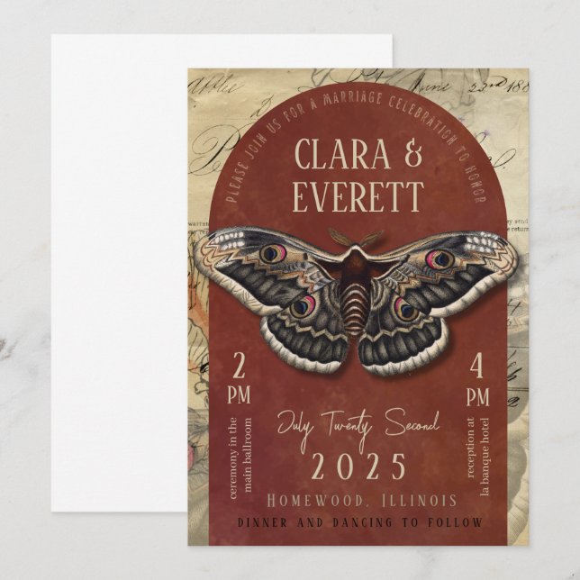 Convite de Noivado Vintage Moth com Arco Rústico (Frente/Verso)