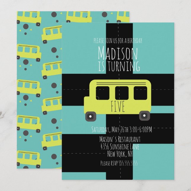 Convite de Ônibus de Transporte Escolar com Rodas (Frente/Verso)