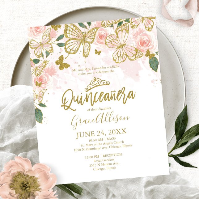 Convite de Orçamento Borboleta Quinceanera Inglês (Criador carregado)