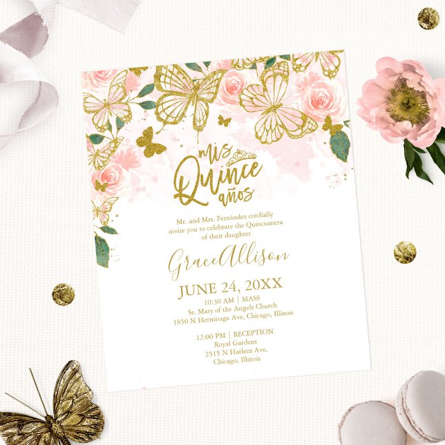 Convite de Orçamento Borboleta Quinceanera Inglês (Criador carregado)