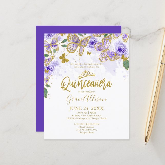 Convite de Orçamento Borboleta Quinceanera Inglês (Frente/Verso In Situ)