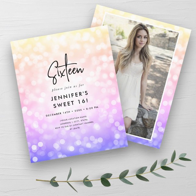 Convite de orçamento mínimo para Sweet 16 com foto (Budget Minimal Rainbow Photo Sweet 16 Invite)
