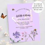 Convite de orçamento para flores violeta de borbol<br><div class="desc">Um fundo colorido violeta e lavanda. Decorados com abelhas e pintados de flores silvestres em violeta,  rosa e uma borboleta grande. Personalize e adicione um nome e detalhes da parte. 1 folha = 1 convite impresso de borda a borda.</div>