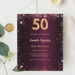 Convite de ouro Burgundy para 50 anos<br><div class="desc">Para um elegante aniversário de 50 anos. Uma cor de fundo de gradiente burguês. Decorado com pó brilhante de ouro rosa. Personalize e adicione um nome e detalhes da parte. O nome é escrito com um script de estilo manuscrito. 1 folha = 1 convite impresso de borda a borda.</div>