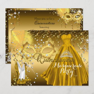 Convite de Ouro para Quinceanera de Mascarada com 