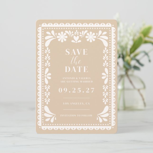 Convite de Papel Picado Save the Date Hacienda Mex (Em pé/Frente)