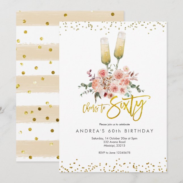 Convite de Parabéns Moderno Dourado aos Sessenta (Frente/Verso)