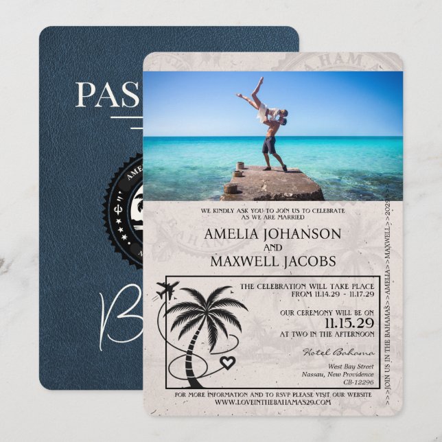  Convite de Passaporte para Casamento Azul Marinho (Frente/Verso)