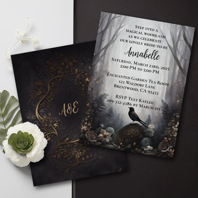 Convite de Pássaro da Floresta Encantada (An enchanted forest bird invitation in a dark and moody style. )