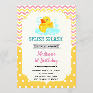 Convite de pato de borracha rosa e amarelo