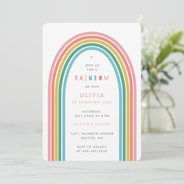 Convite de Pêssego festa de aniversário do Rainbow (Em pé/Frente)