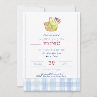 Convite de Picnic de Quatro de Julho em Aquarela