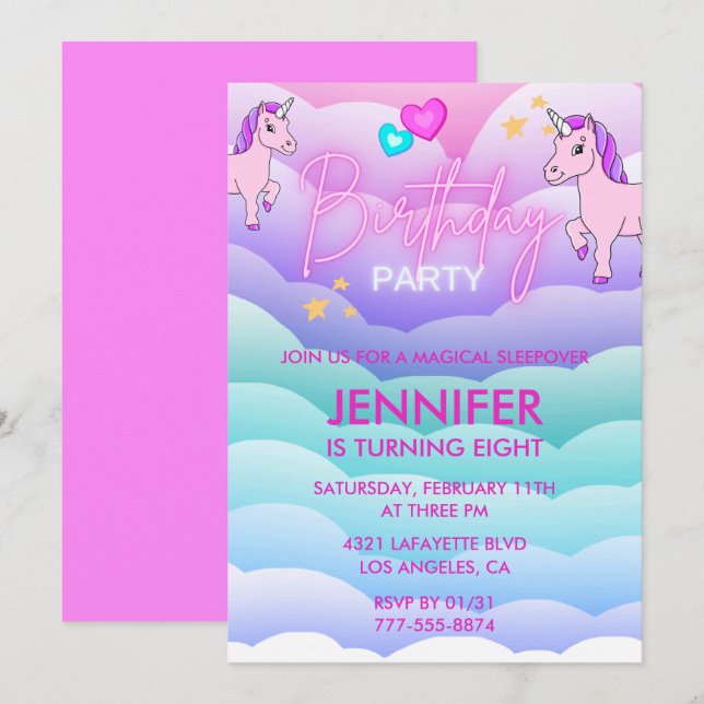 Convite de Pijama de Unicórnio para 8º Aniversário (Frente/Verso)