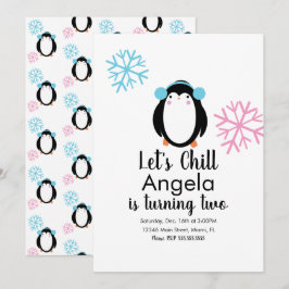 Convite de Pinguim Fofo Rosa Flocos de Neve Invern