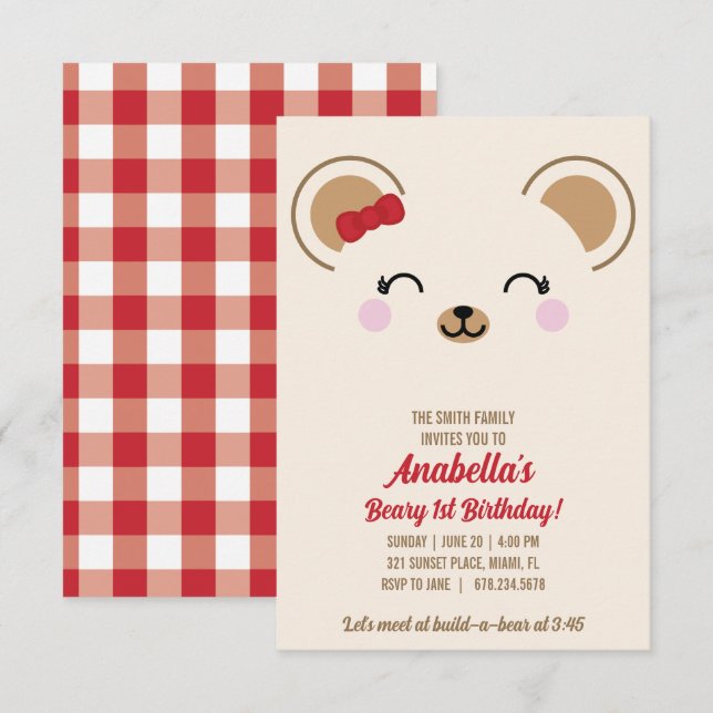 Convite de Piquenique da Ursa Teddy Menina PARA QU (Frente/Verso)