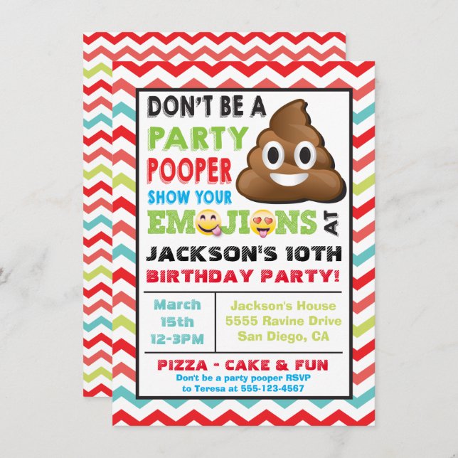 Convite de Pooper Birthay do Partido Emoji (Frente/Verso)