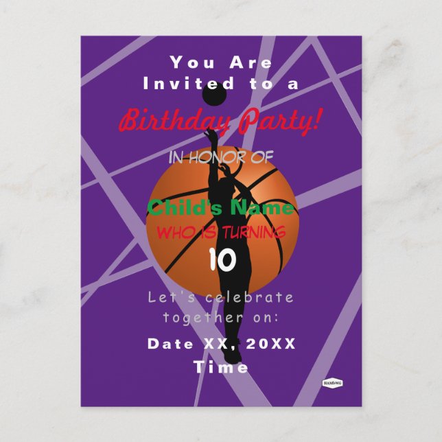 Convite de postal com tema de basquete para menino (Frente)