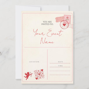 Convite de Postal Vintage Rosa Cupido Vermelho