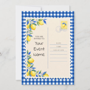 Convite de Postcard em Xadrez Azul e Limão Amarelo