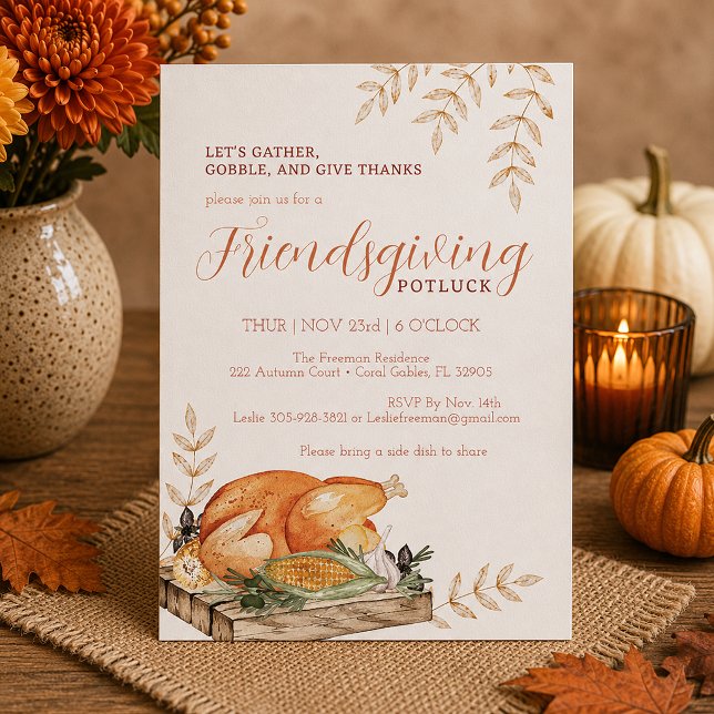 Convite de Potluck de Friendsgiving em Aquarela (Thanksgiving invitation with autumn decor)