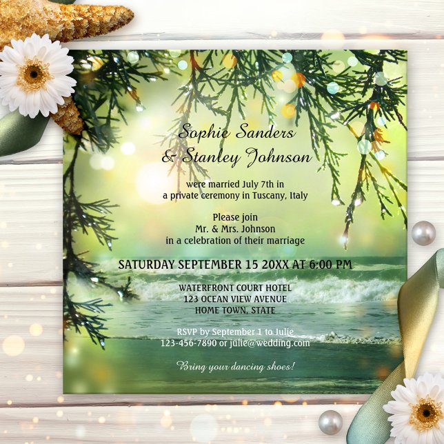 Convite de Praia Brilhante Pós-Casamento ou Após o (Wedding reception only invitation featuring a painting of an ocean with sparkling bokeh lights)