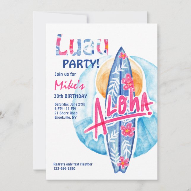Convite de Prancha de Surf Aloha (Frente)