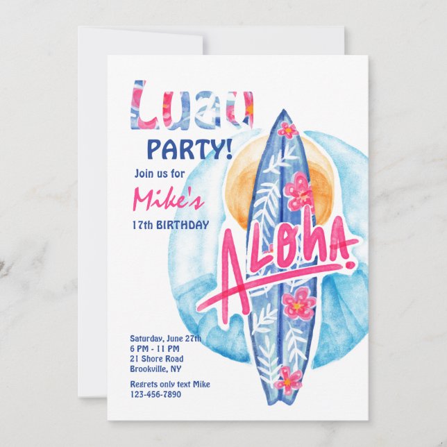 Convite de Prancha de Surf Aloha (Frente)