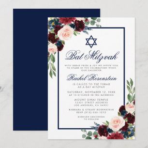 Convite de prata azul floral de Mitzvah Borgonha