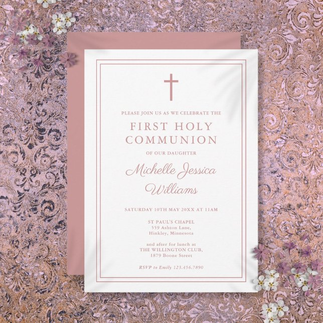 Convite de Primeira Comunhão com Bordas Rosa Poeir (Dusty Rose Pink Border First Holy Communion Invitation)