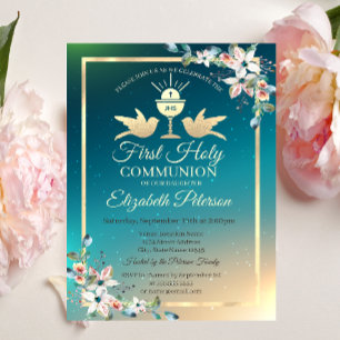 Convite de Primeira Comunhão Cruz Floral Dourada