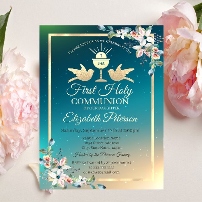 Convite de Primeira Comunhão Cruz Floral Dourada (Criador carregado)