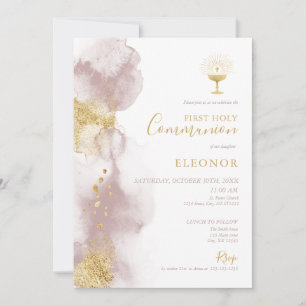 Convite de Primeira Comunhão em Aquarela Rosa Empo