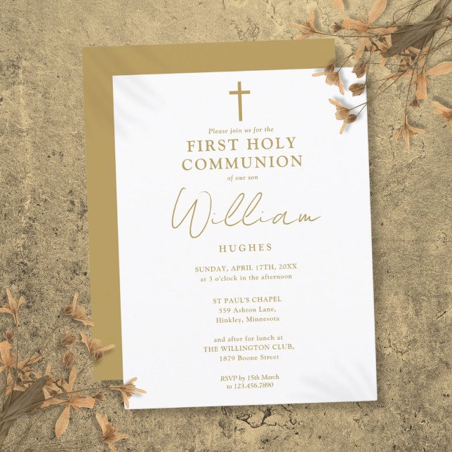 Convite de Primeira Comunhão em Ouro Elegante (Elegant Gold First Holy Communion Invitation Postcard)