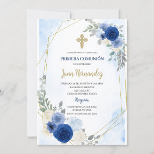 Convite de Primeira Comunhão Floral Azul Empoeirad