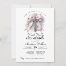 Convite de Primeira Comunhão Menina com Laço Rosa