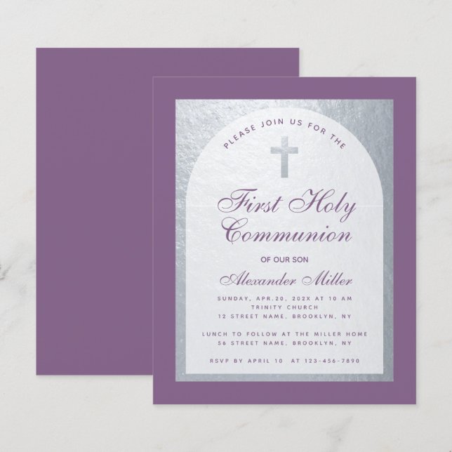 Convite de Primeira Comunhão Menino Prata Roxo Pó (Frente/Verso)