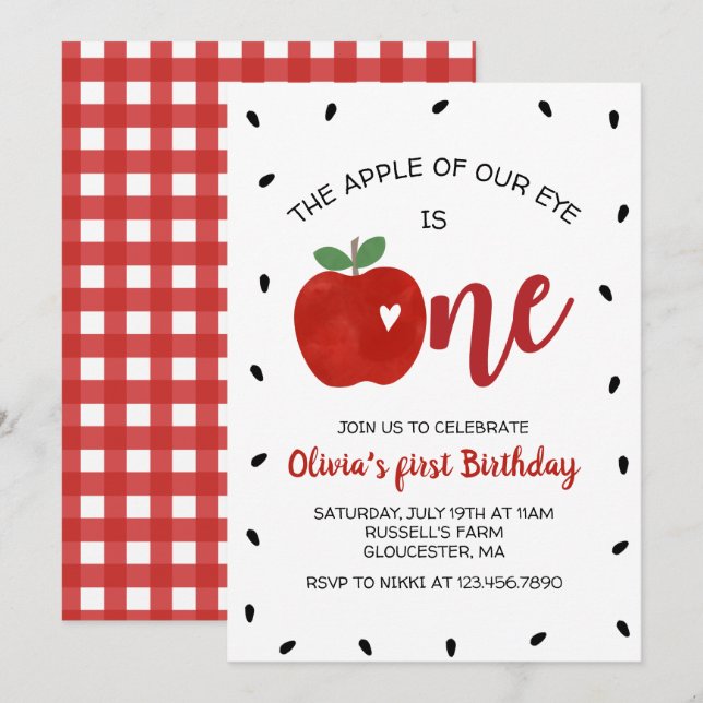 Convite de primeiro aniversário Apple of our Eye (Frente/Verso)