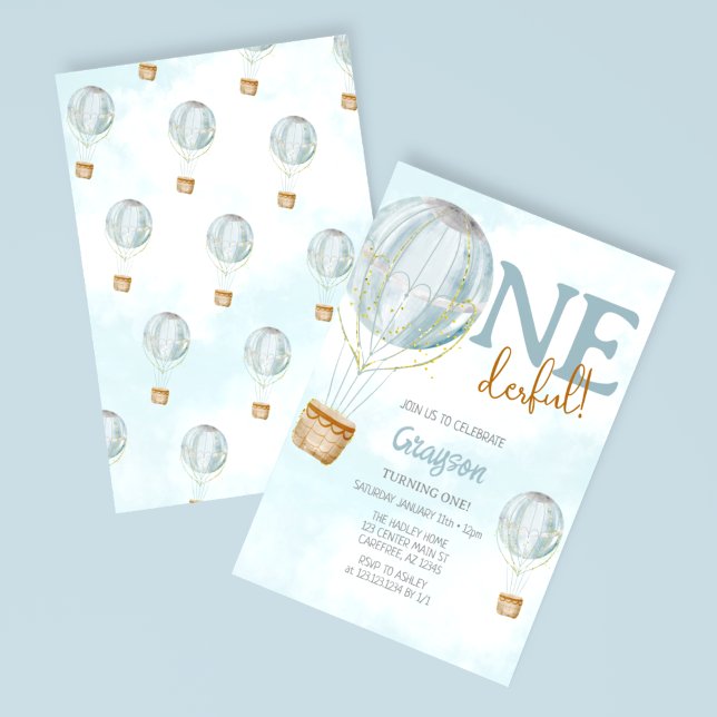 Convite de primeiro aniversario Azul Balão de Ar Q (Criador carregado)