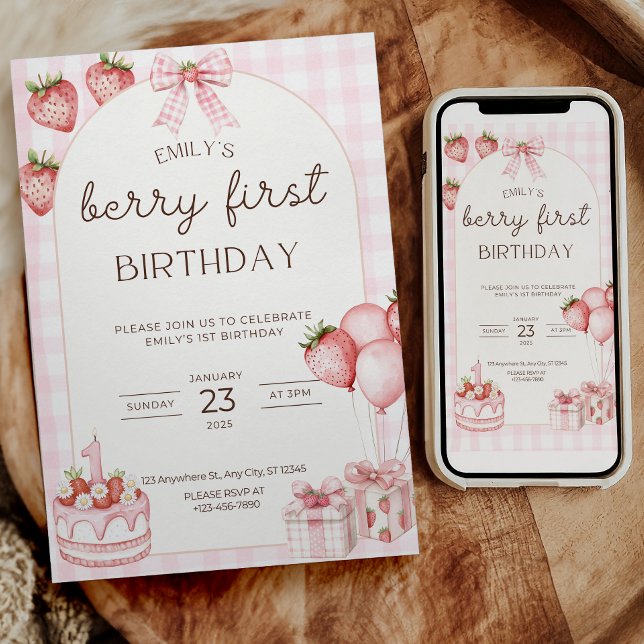 Convite de Primeiro Aniversário Berry com Xadrez R (Criador carregado)